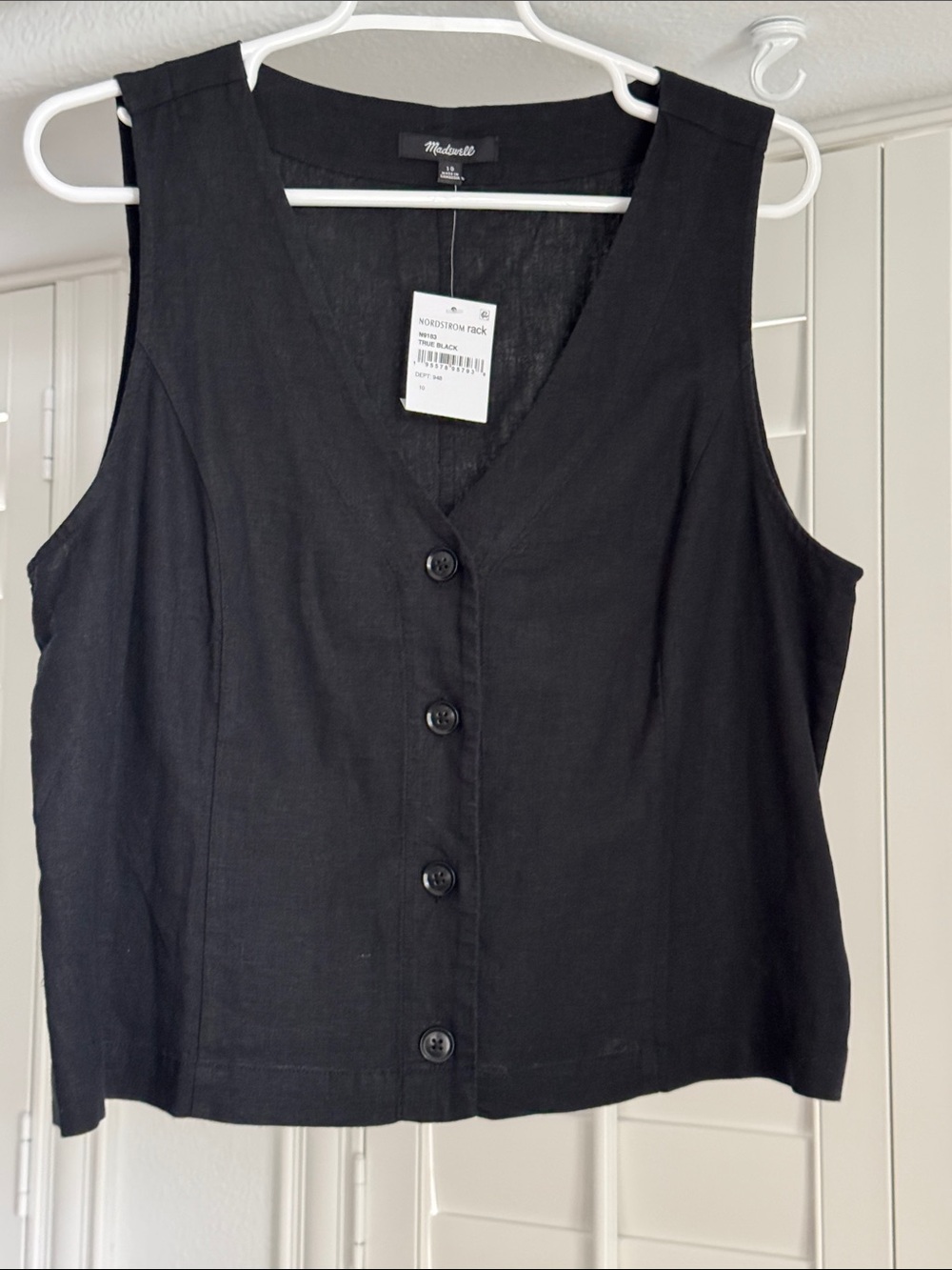 Madewell Black Button-Front Linen Blend Sleeveless Top Vest NWT